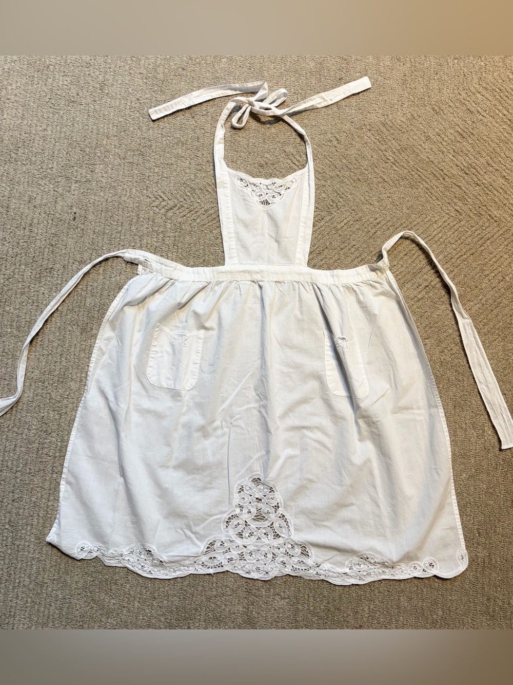 Vintage White Cotton Battenberg Lace Bib Apron Cottagecore Victorian